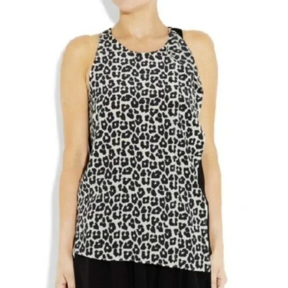 3.1 Phillip Lim Top Women 2 Black White Leopard Sleeveless‎ Silk Asymmetric